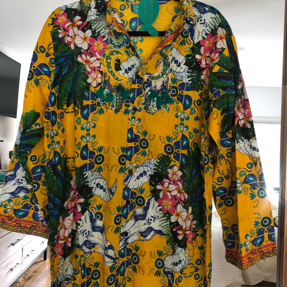 Antica Santoria by Giacomo Cinque Yellow Printed Beaded Embroidered Shirt/Swim M